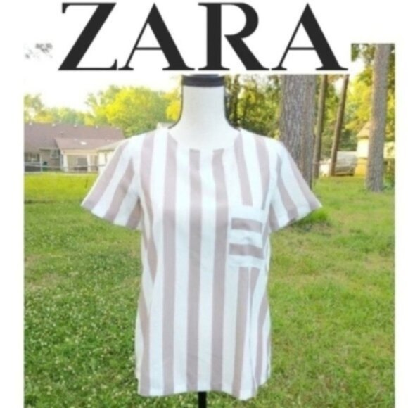 Zara Basic Striped Pocket Short Sleeve Blouse S - Picture 1 of 6